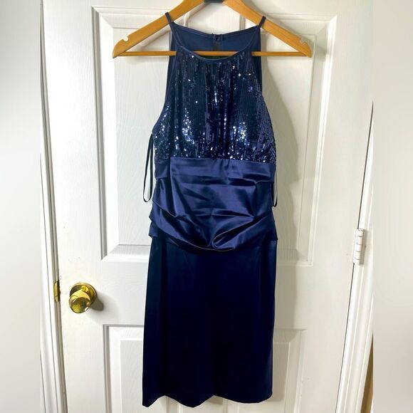 B Smart Sz 9/10 Short Sleeveless Halter Neck Satin Dress Indigo Blue Sequined - Picture 1 of 11